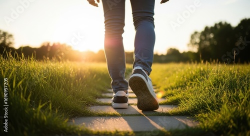 A person walking on a stone path through a grassy field at sunset