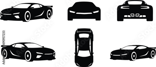 Silhouette of a sports car from different angles, showcasing its sleek design and aerodynamic features