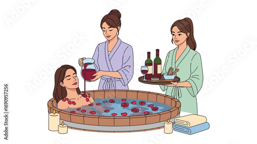 Two women in robes serving wine and refreshments to a woman relaxing in a luxurious outdoor hot tub filled with rose petals and bubbles