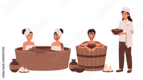 Relaxing spa day with people enjoying mud baths and wooden tubs while a therapist offers a bowl of treatment
