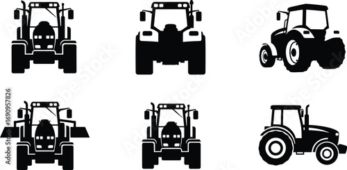 Collection of tractor silhouettes, showcasing various models and perspectives of agricultural machinery