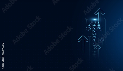 The Glowing blue arrows pointing upward, symbolizing growth, success, and innovation. A digital cluster of squares forms a rising path, emphasizing technology-driven progress