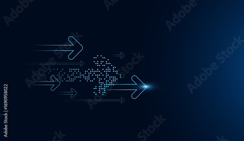 Upward arrows with a digital pixel trail dominate the image, highlighting themes of transformation, achievement, and global connectivity. The glowing design reflects progress