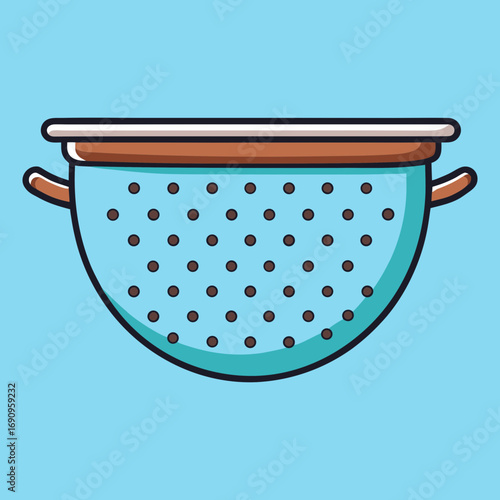 Simple cartoon illustration of a blue colander with brown handles
