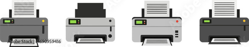 Collection of four different modern printers with paper outputs displayed clearly vector