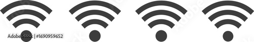 Four gray wi-fi signal strength icons displayed horizontally connected wireless technology. vector