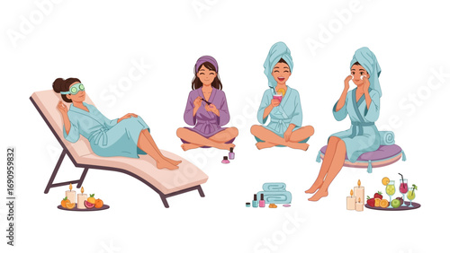 Group of diverse women enjoying a relaxing spa day at home with face masks towels robes and skincare products