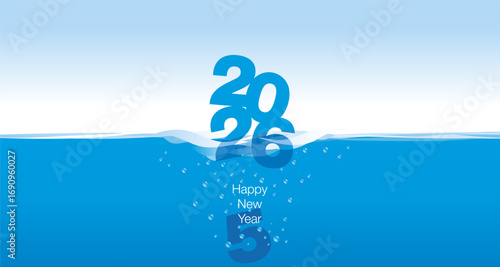 Happy New Year 2026 New Desk Calendar Cover planner template wave water blue background. New Year 2026 start concept. Calendar number chagned and the new year begins