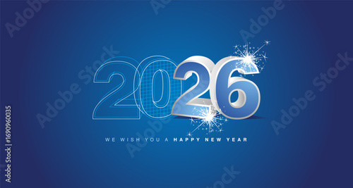 We wish you a happy new year 2026 eve. Architecture construction from line drawing to 3d model numbers of 2026 with sparkle firework on blue background