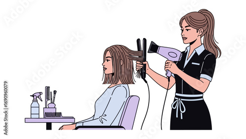 Young woman stylist uses a hairdryer and straightening iron to style client s hair in a modern beauty salon setting
