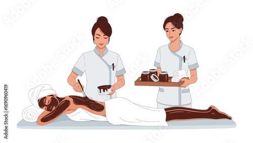 Two female spa therapists applying a luxurious chocolate body wrap to a client lying on a massage table in a serene wellness center