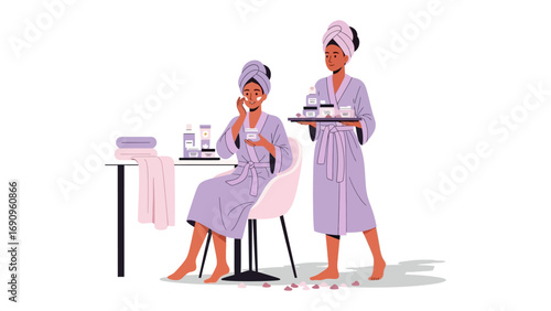 Two women in fluffy purple bathrobes and towels on their heads applying skincare products while sitting at a vanity and standing with a tray of beauty items