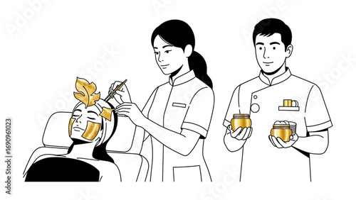 Skilled beautician applying facial treatment with serum and mask to a client while a male assistant holds cosmetic jars in a clean spa environment