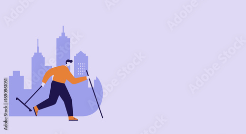A vibrant illustration of a man actively cleaning or sweeping with a mop and stick in a modern city environment. Represents work, maintenance, urban lifestyle, and service.