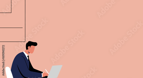 Professional man in a suit focused on working with a laptop and pen in a modern, minimalist office setting, representing productivity and business.