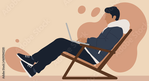 A relaxed person uses a laptop in a comfortable chair, embodying remote work, digital leisure, and modern productivity. Ideal for lifestyle, business, and technology themes.