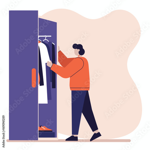 Man choosing an outfit from his wardrobe, illustrating daily routine, personal style, and home organization. Ideal for lifestyle, fashion, or retail content.