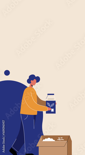 Person unboxing an eco-friendly product with a natural plant icon, emphasizing sustainable delivery and conscious consumerism.