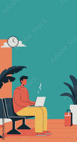 Man using laptop in a stylish waiting lounge, ideal for business travel, remote work, or connected lifestyle concepts. Emphasizes productivity and modern connectivity.