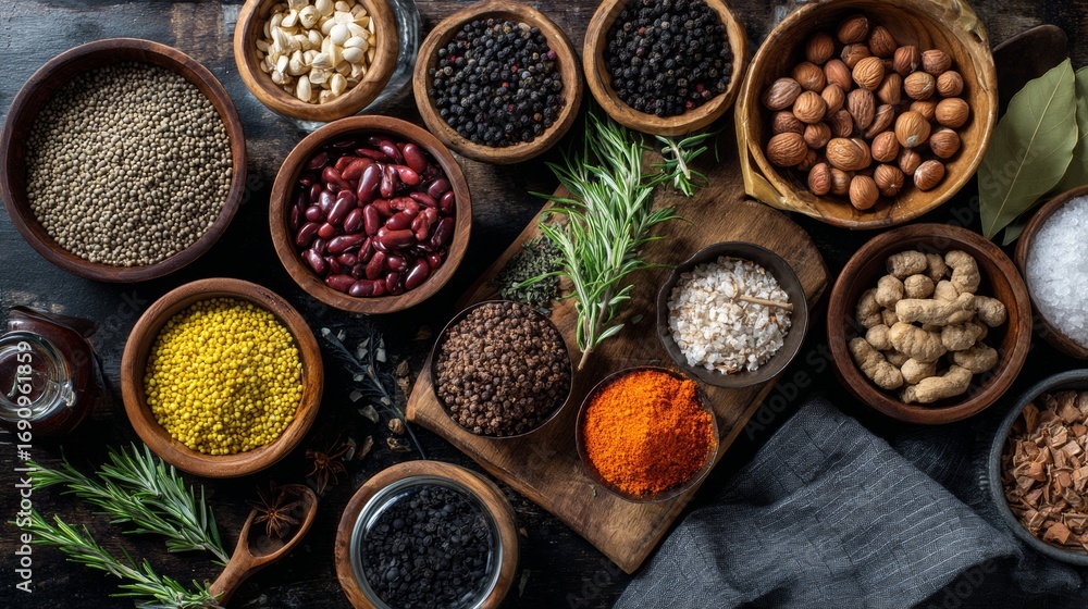 Fototapeta premium Flatlay wooden bowls beans spices photography lifestyle organic natural gourmet culinary inspiration stylish decor arrangement composition