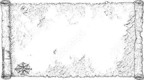 Ancient scroll with compass and mountainous terrain rose