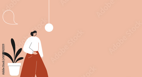 Modern minimalist illustration of a person standing calmly indoors with a plant and speech bubble, ideal for business communication or lifestyle concepts.