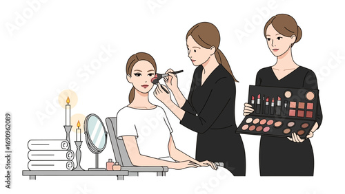 Professional makeup artist applying cosmetic makeup to a seated woman s face with another artist holding a palette of eyeshadows and brushes nearby