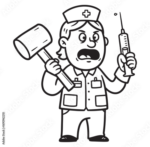 An angry nurse character in black and white holding a mallet and syringe
