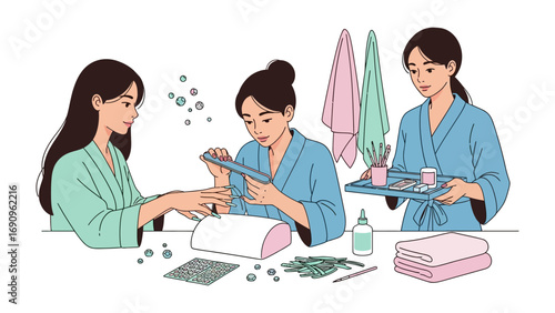 Three young women in traditional japanese kimonos engaged in a beauty salon experience with nail care and spa treatments