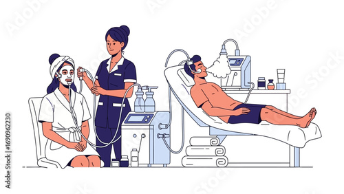 Professional aesthetician performing facial treatment on a woman while a man relaxes in a medical recliner with equipment in a modern spa