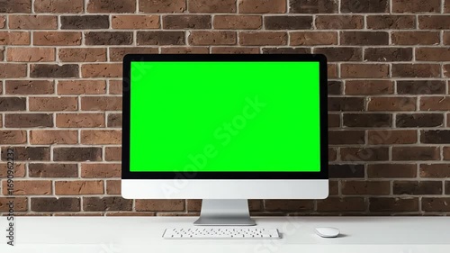 Front view of a desktop computer with a green screen, keyboard, and mouse on a white desk against a brown brick wall background; 4k video footage.
