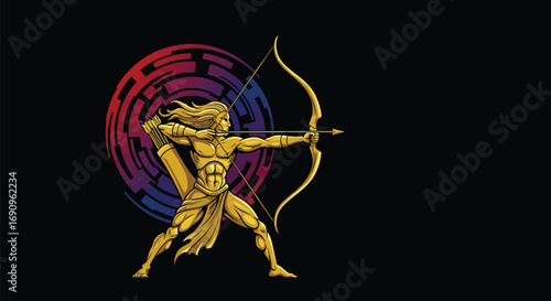 Golden Archer with Bow and Arrow in Front of Colorful Target