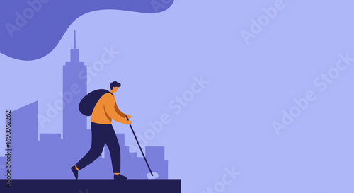 A cleaner walking on a city rooftop with a long mop, diligently working to maintain urban cleanliness. Ideal for concepts of city services, maintenance, and urban lifestyle.