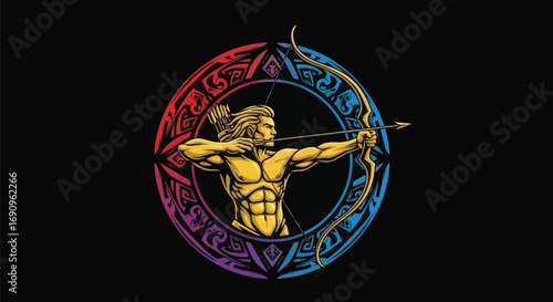 Golden Archer with Bow and Arrow in Front of Colorful Target