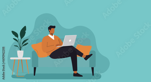 Man working remotely on laptop from a comfortable sofa at home, showcasing modern flexible work, freelance, or online education lifestyle.