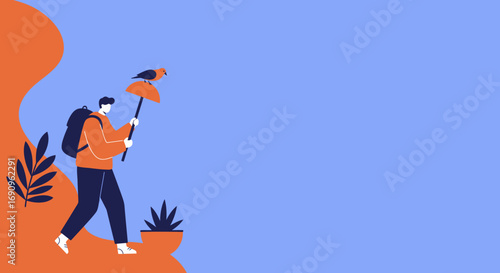 A stylized traveler with a backpack holds a staff with a perched bird, symbolizing adventure, nature connection, and independent exploration.