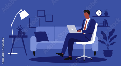 Professional man in a suit working on a laptop from a modern home office. Ideal for remote work, business, or technology concepts.