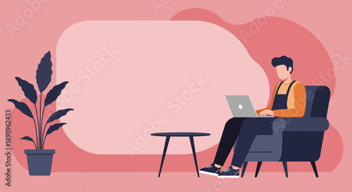 Man working remotely on a laptop in a comfortable armchair at home. Represents modern freelance, online learning, or casual business concepts.