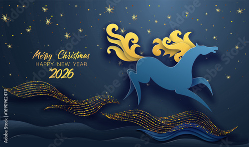 Year of the horse, Chinese New Year 2026 banner with blue horse and clouds, gold manner and stars