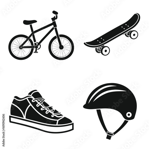 Black silhouette icons of bicycle skateboard shoe and helmet bike sneaker