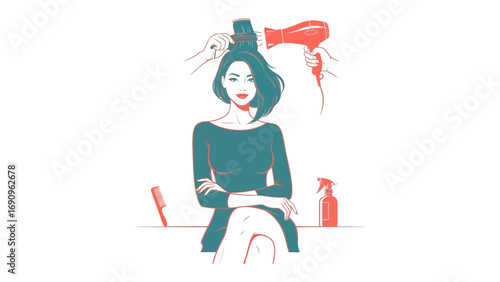 Stylish woman with voluminous hair being blow dried by a hairdryer in a minimalist salon setting with artistic flair