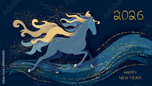 Year of the horse, Chinese New Year 2026 banner with blue horse and clouds, gold manner and stars