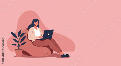 Woman comfortably working or studying on a laptop from home on a beanbag chair, representing remote work, flexible education, and modern lifestyle.