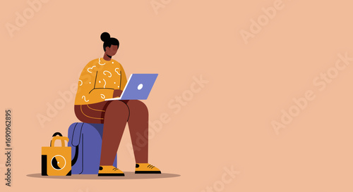 Person working remotely on a laptop while traveling, embodying a digital nomad lifestyle with luggage. Ideal for business, travel, and modern work concepts.