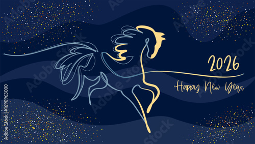 Year of the horse, Chinese New Year 2026 banner card with blue horse and clouds, golden mane and stars.