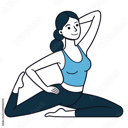 Woman in blue top and dark pants doing yoga king pigeon pose exercise