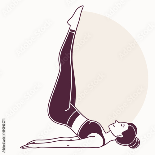 Woman in dark purple yoga pose with legs extended upwards exercise fitness