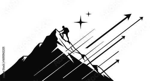 Determined climber scales a steep mountain peak towards a shining star, symbolizing ambition and success.