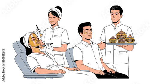 Skincare professionals pampering a client with a luxurious facial treatment and offering refreshing beverages in a serene spa setting