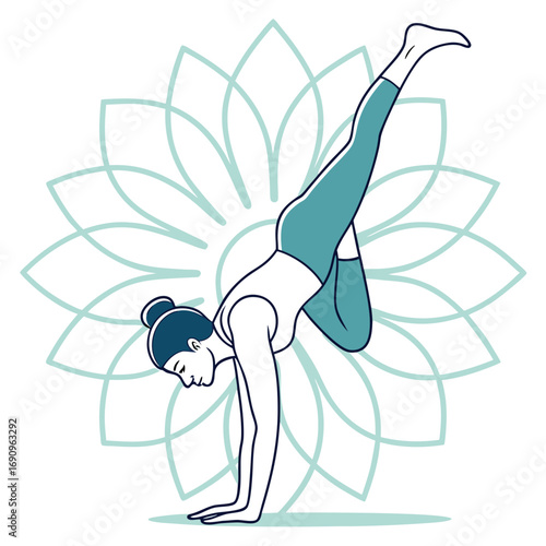 Woman in yoga crow pose balanced on hands with lotus flower design handstand